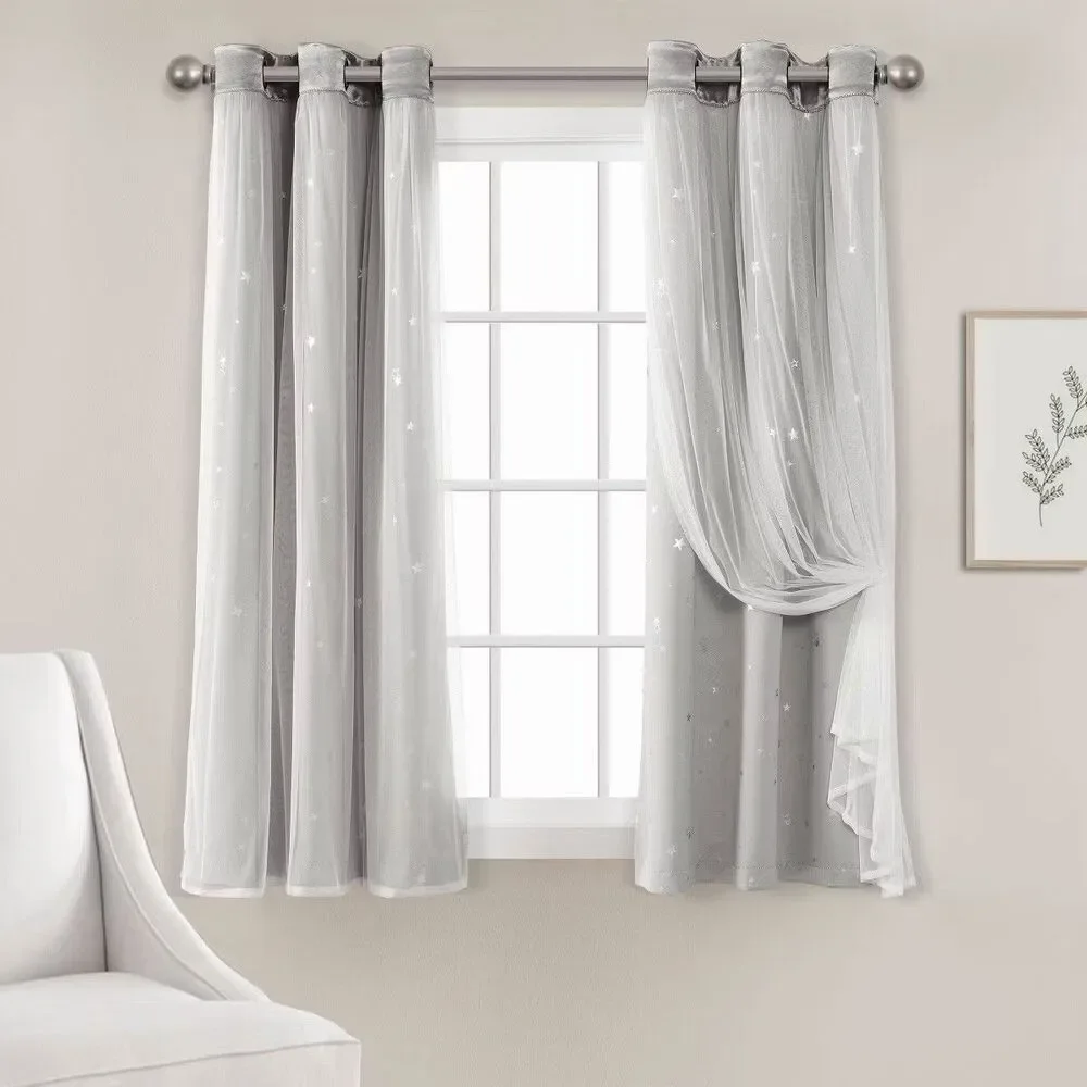 Lush Décor Kids Star Sheer Insulated Blackout Curtain Panel Set 38x63 Light Gray
